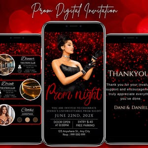 Invitation d'envoi numérique pour le bal de promo, invitation à une soirée de bal de promo rouge glam, animation animée de la reine du bal de finissants, modèle photo de bal de promo, carte virtuelle modifiable