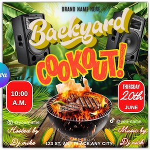 Backyard Cookout Flyer, BBQ Flyer, Summer Cookout Flyer, DIY Canva Editable Design Template, Food Flyer, Social Media Flyer, Party Flyer