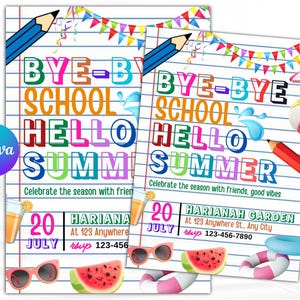 Invitación para fiesta de fin de curso, fiesta de fin de curso, fiesta de verano en la piscina, invitación para fiesta en la piscina, Hola verano, plantilla editable de Canva