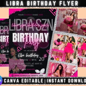 Libra Birthday Flyer, Libra Bash Flyer, Birthday flyer, Birthday Girl, Party Flyer, Celebration Flyer, Birthday Event, Birthday Invite,Pink