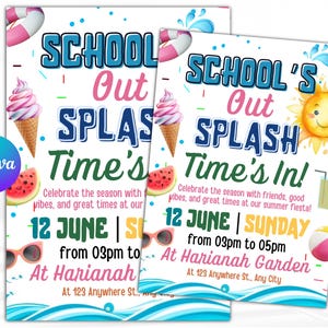 Invitación para fiesta de fin de curso, fiesta de fin de curso, fiesta de verano en la piscina, invitación para fiesta en la piscina, Hola verano, plantilla editable de Canva