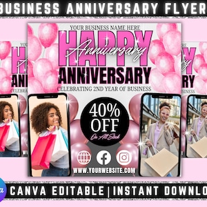 Folheto de aniversário de negócios, Folheto de aniversário do CEO, Folheto de comemoração, Folheto de venda de aniversário, Chicote, Cabelo, Unha, Boutique, Canva editável, Baixar