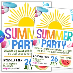 Invitación para fiesta de fin de curso, fiesta de fin de curso, fiesta de verano en la piscina, invitación para fiesta en la piscina, Hola verano, plantilla editable de Canva