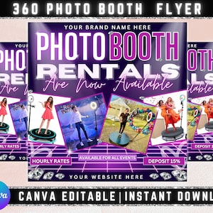 360 Photo Booth Aluguel Flyer | Aluguel de Fotografia para Eventos DIY Festa Celebração Photobooth Mídia Social Instagram Editável Canva Template