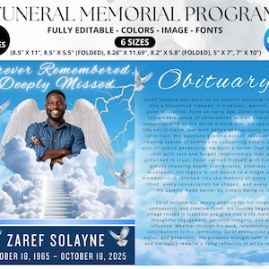 8 pages Funeral Memorial program, Obituary Template for Celebration of Life Funeral Designs Booklet, Heavenly Funeral Program Canva Template