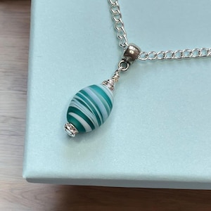 Green Stripes Oval - Pendant Necklace - choice of sterling silver or silver plated chain 18&quot;