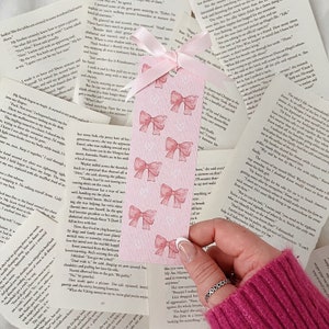 Linen Bookmark with Ribbon Bow: Pink Hearts Design