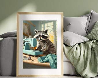 Raccoon sews with a sewing machine, funny animals, printable, poster for the sewing room or sewing corner, digital print, art print