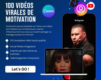 May include: A blue and white graphic with the text "Up Marketing Design" and "100 VIDEOS VIRALES DE MOTIVATION". The graphic also includes the text "Let's GO!" and features a laptop with a woman speaking on the screen, a smartphone with a man speaking on the screen, and a Canva logo.