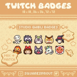 May include: A set of 10 Studio Ghibli Twitch badges featuring characters from popular animated films. The badges are pixelated and come in various sizes: 18x18, 36x36, and 72x72 pixels. The badges are designed for use on Twitch, a live streaming platform.