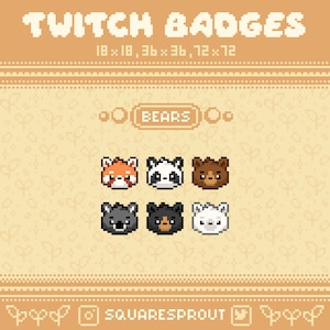 Może przedstawiać: Sześć odznak Twitch z pikselowych niedźwiedzi. Odznaki przedstawiają pandę czerwoną, pandę, niedźwiedzia brunatnego, wilka szarego, niedźwiedzia czarnego i niedźwiedzia polarnego. Odznaki są oznaczone jako "BEARS".