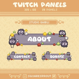 Może przedstawiać: Trzy projekty paneli Twitch z motywem Studio Ghibli z tekstem "About", "Contact" i "Donate" w kolorze białym na szarym tle. Każdy panel jest ozdobiony pikselowanymi postaciami w czerni i bieli oraz kolorowymi gwiazdami.