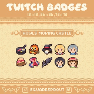 Puede incluir: Un conjunto de 8 insignias de Twitch de arte de píxeles con personajes de la película animada El Castillo Ambulante. Las insignias son de varios colores y presentan personajes como Howl, Sophie, Calcifer y la Bruja del Desierto.