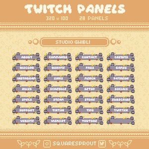 Może przedstawiać: Zestaw 28 paneli Twitch z postacią z kresk&oacute;wki o szarym ciele, czarnych oczach i białym brzuchu. Panele mają 320 pikseli na 100 pikseli i są oznaczone r&oacute;żnymi kategoriami Twitch, takimi jak O nas, Polecenia, Kontakt, Kredyty, Discord, Darowizny, FAQ, Gry, Instagram, Linki, Towary, Patreon, Zasady, Harmonogram, Konfiguracja, Media społecznościowe, Specyfikacje, Steam, Sklep, Subskrybuj, Wsparcie, TikTok, Wskaz&oacute;wki, Twitter, Strona internetowa, Lista życzeń i YouTube.