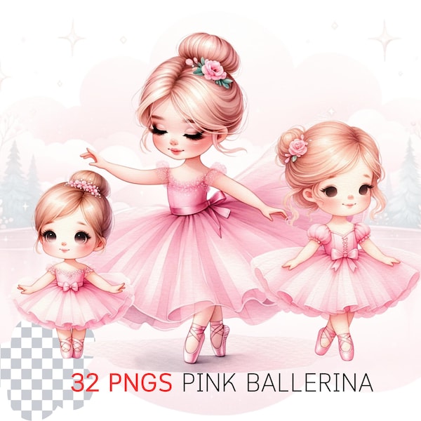 Cute Ballerina Clipart - Ballerina PNG, Baby Ballerina Birthday, Watercolor Ballet & Swan Lake Art, Pink Ballerina Print