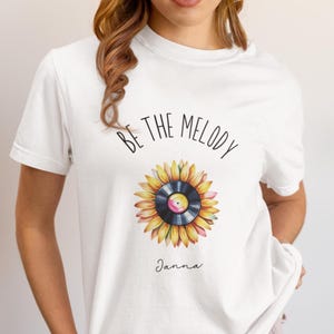 Comfort color Personalized Sunflower Vinyl Shirt Custom Name Floral Music Tee for Her Cottagecore Wildflower Gift Botanic Music Lover Shirt