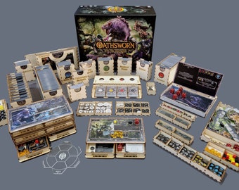 May include: A wooden organizer set for the board game Oathsworn: Into the Deepwood. The set includes multiple drawers, trays, and compartments for storing the game's components, including cards, dice, tokens, and miniatures. The organizer is made of high-quality wood and features a natural finish.