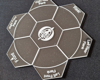 May include: A clear plastic hexagonal game piece with a white design. The piece has six sides, each labeled with a different direction: Front, Left Front Flank, Left Rear Flank, Rear, Right Rear Flank, and Right Front Flank.