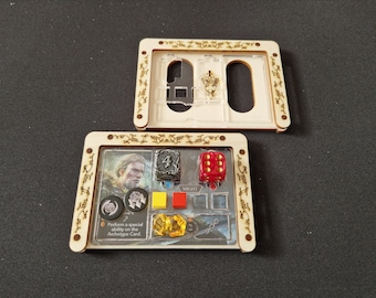 May include: Wooden game tray with a clear plastic insert for holding game pieces and dice. The tray has a decorative border with a floral design. The insert has compartments for dice, tokens, and cards. The tray is made of light brown wood.