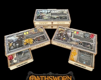 May include: A wooden box organizer for the Oathsworn: Into the Deepwood board game. The box has three drawers and a clear lid. The top drawer has a compartment for dice and tokens. The middle drawer has a compartment for cards. The bottom drawer has a compartment for miniatures. The box is made of high-quality wood and has a beautiful finish.