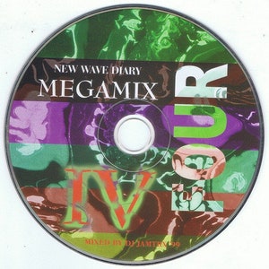 May include: A CD with a colorful, abstract design. The text "New Wave Diary Megamix IV" is printed on the disc. The text "Four" is printed vertically on the right side of the disc. The text "Mixed by DJ Jamtry 99" is printed at the bottom of the disc.
