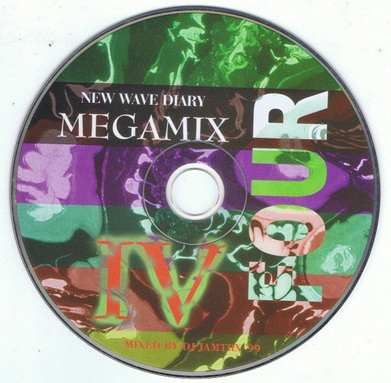 May include: A CD with a colorful, abstract design. The text "New Wave Diary Megamix IV" is printed on the disc. The text "Four" is printed vertically on the right side of the disc. The text "Mixed by DJ Jamtry 99" is printed at the bottom of the disc.
