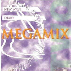 May include: A purple and green album cover with the text "NEW WAVE DIARY MEGAMIX" in orange letters. The background features a white design of musical notes.
