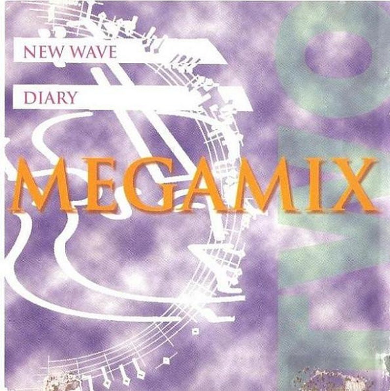 May include: A purple and green album cover with the text "NEW WAVE DIARY MEGAMIX" in orange letters. The background features a white design of musical notes.