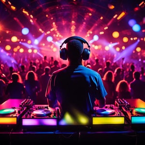 May include: A DJ wearing headphones stands behind a DJ mixer with two turntables. The DJ is performing at a concert with a large crowd of people in the background. The stage is lit with colorful lights.