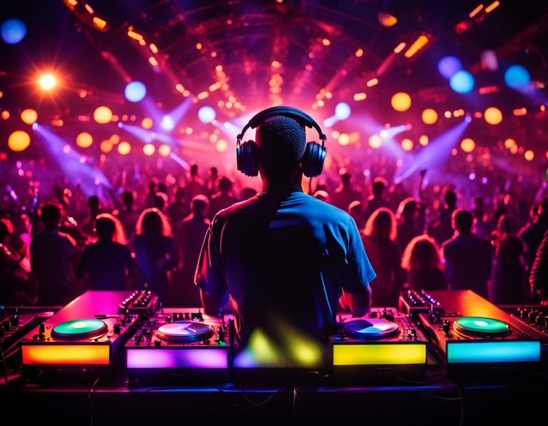 May include: A DJ wearing headphones stands behind a DJ mixer with two turntables. The DJ is performing at a concert with a large crowd of people in the background. The stage is lit with colorful lights.