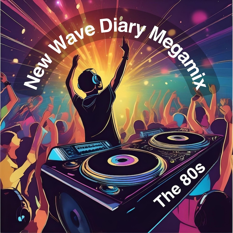 May include: A DJ spins records at a party with a crowd of people dancing. The DJ booth is decorated with the text "New Wave Diary Megamix The 80s".