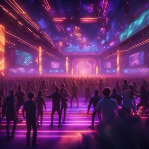 May include: A large crowd of people gathered in a futuristic, neon-lit space with glowing screens and a stage. The crowd is dancing and enjoying the atmosphere.
