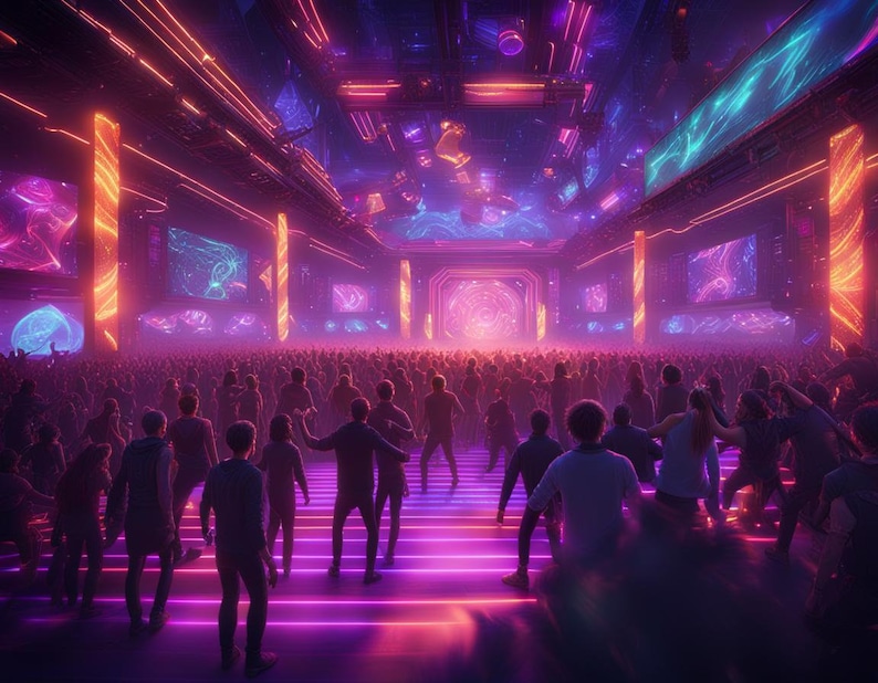 May include: A large crowd of people gathered in a futuristic, neon-lit space with glowing screens and a stage. The crowd is dancing and enjoying the atmosphere.
