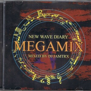 May include: A CD cover with a red, orange, and black background. The title "NEW WAVE DIARY MEGAMIX" is written in yellow and black letters. The text "MIXED BY DJ JAMTRX" is written in white letters. The cover features a circular design with musical notes and symbols.