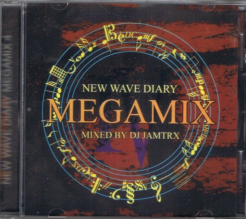May include: A CD cover with a red, orange, and black background. The title "NEW WAVE DIARY MEGAMIX" is written in yellow and black letters. The text "MIXED BY DJ JAMTRX" is written in white letters. The cover features a circular design with musical notes and symbols.