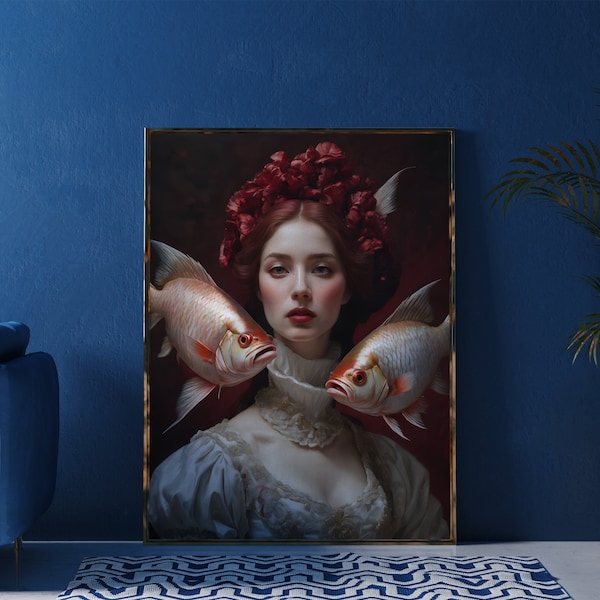 Lady Fish Altered Art Portrait ǀ Dark Red Flowers Eclectic Painting ǀ Renaissance Artwork ǀ Rococo, Victorian Portrait ǀ Digital Download
