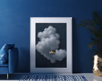 Cloud Oil Painting | Blue Painting | Turtle Collage Art | Altered Art | Surreal Wall Art | Vintage Painting |Minimal Wall Art | Printable