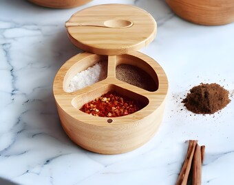 Wooden Spice Pot, Rustic Salt Pot With Spoon, Bamboo Spice Pot, Spice Keeper, Gift For Mum, Gift For Wedding, Rustic Wooden Kitchen Decor