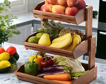 Wooden Two Tier Fruit Basket, Rustic Fruit Bowl Tray Basket, Basket Organiser, Housewarming Gift, Rustic Wooden Kitchen Decor, Home Gifts