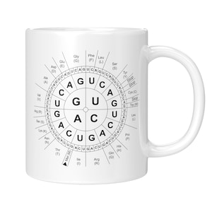 Könnte beinhalten: Weiße Keramiktasse mit einem schwarz-weißen kreisförmigen Design mit Elementen des genetischen Codes. Das Design enthält Buchstaben und Abkürzungen im Zusammenhang mit Aminosäuren und Codons.