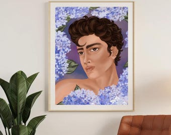 Hand Drawn Hydrangea Male Portrait Art Print