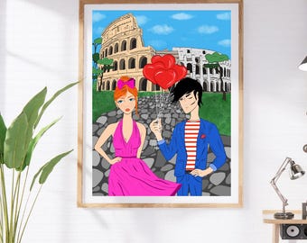 Hand-Drawn Romantic Rome Colosseum | Italy Travel Poster Printable Wall Art Digital Download
