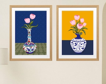 Set of 2 Hand-Drawn Floral Vase Prints | Ottoman Blue & Yellow Porcelain Digital Download