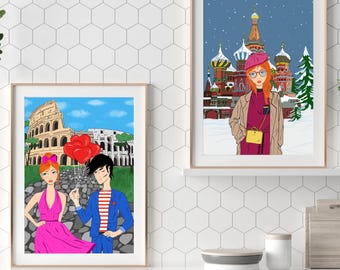 Rome & Moscow Travel Poster Set: Hand-Drawn Illustration Digital Download