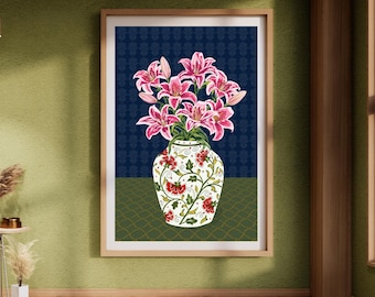 Hand-Drawn Pink Lily Bouquet in Ottoman Porcelain Vase | Turkish Iznik Tile Floral Printable Wall Art Digital Download