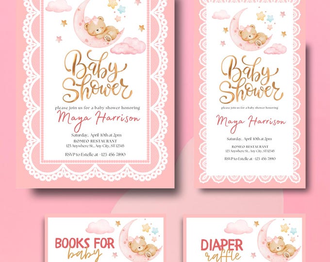 Teddy Bear Moon Baby Shower Invitation, Pink Celestial Girl Invite Printable (Digital Download)