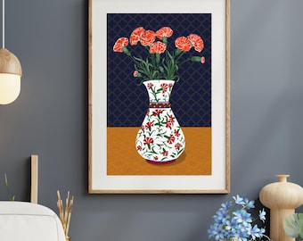 Hand-Drawn Red Carnation Bouquet in Blue Porcelain Vase | Ottoman Turkish Tile Floral Printable Wall Art Digital Download