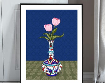 Hand Drawn Pink Flowers Art, Ottoman Vase, Turkish Tile, Printable Wall Art