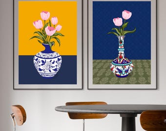 Ottoman Vase Bundle Set of 2 Prints Digital Download | Turkish Floral Wall Art | Hand-Drawn Botanical Gift | Iznik Printable