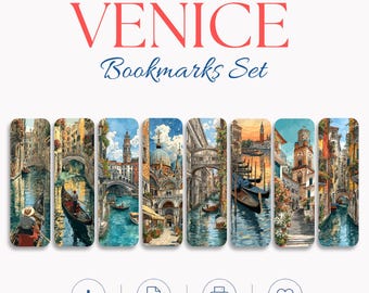 Venice Printable Bookmarks, 8 Italy Watercolor Bookmark Set, Gondola Book Lover Gift, Instant Download